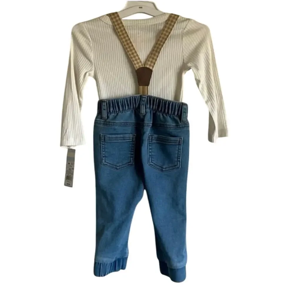 Cat & Jack Baby Boy 12M Outfit Denim‎ Pants Suspenders Shirt Set NWT